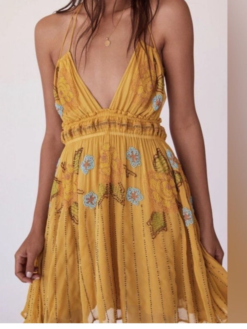 Rare Free People Sun Beam Embellished Beaded Halter Strappy Back Mini Dress XS